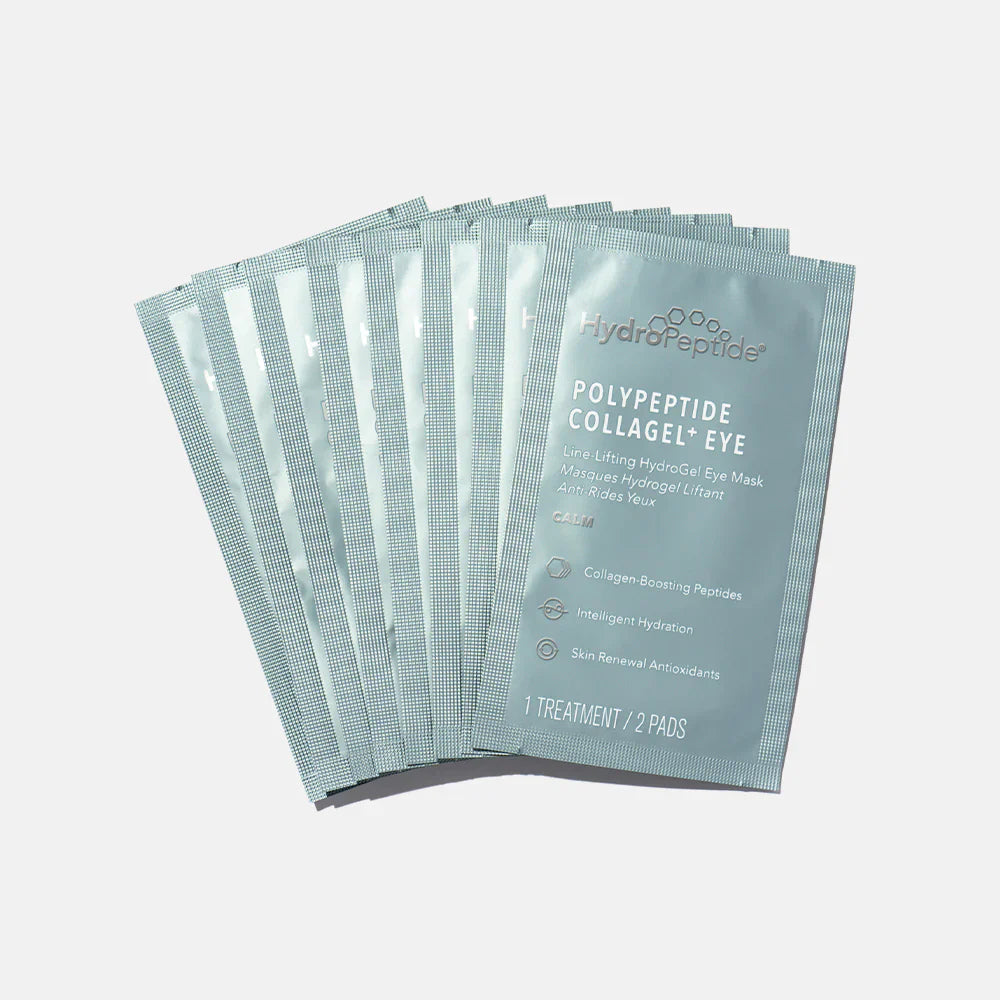 Pack of hydropeptide eye masks on a light gray background