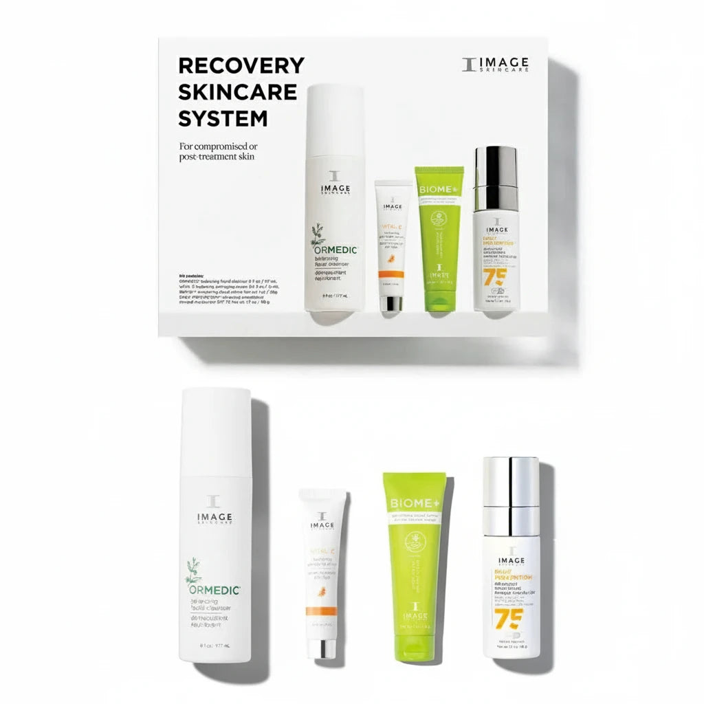 A collection of skincare products from IMAGE Skincare, including a balancing facial cleanser, hydrating serum, smoothing cloud creme, and advanced smartblend mineral moisturizer with SPF 75.