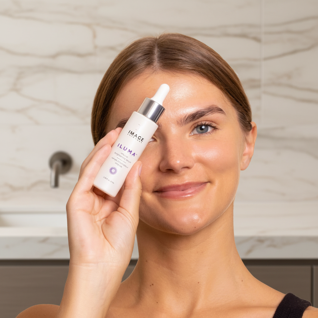 Woman holding a skincare product labeled 'IMAGE' against a beige background