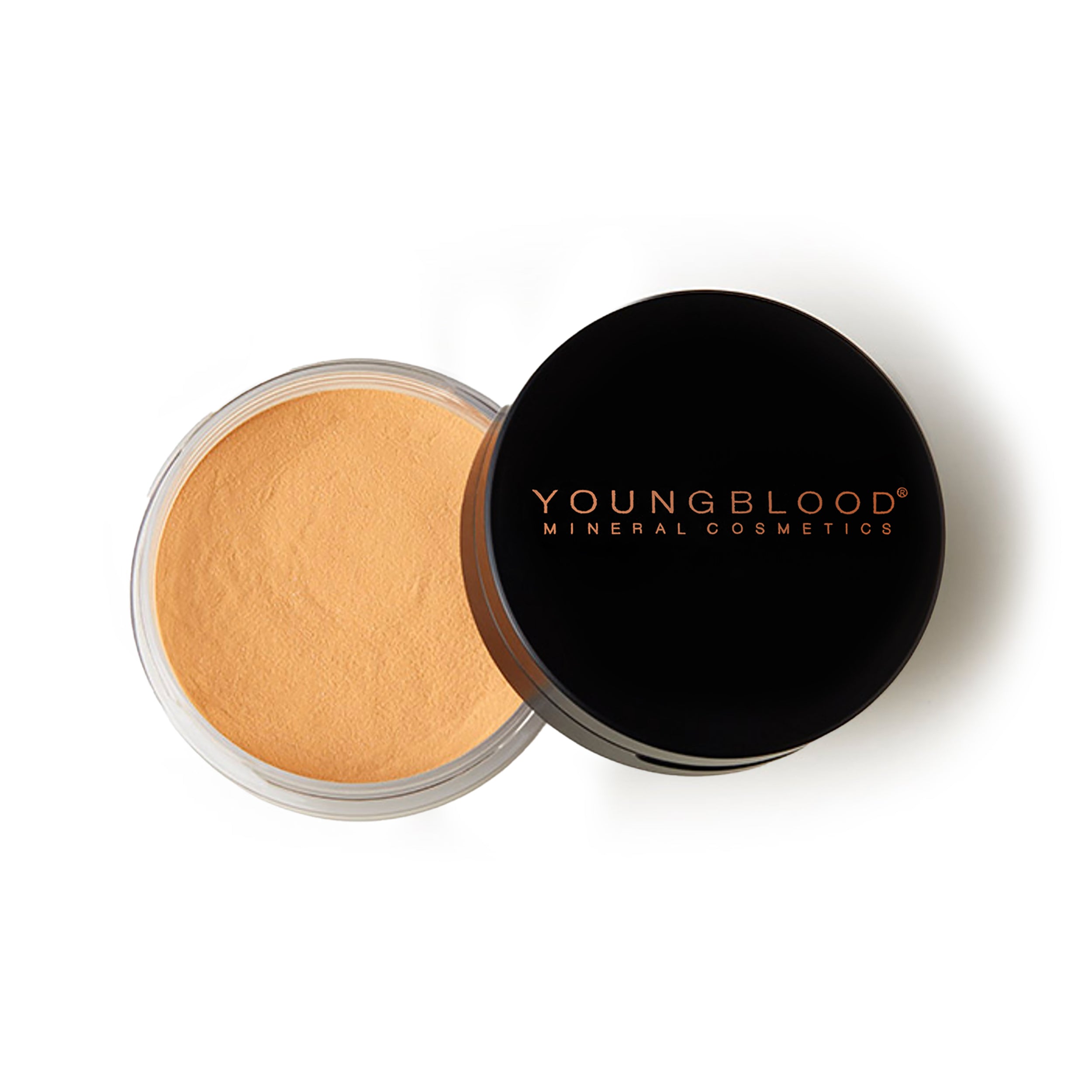 A container of Young Blood Mineral Cosmetics loose powder, with the brand logo visible on the lid.