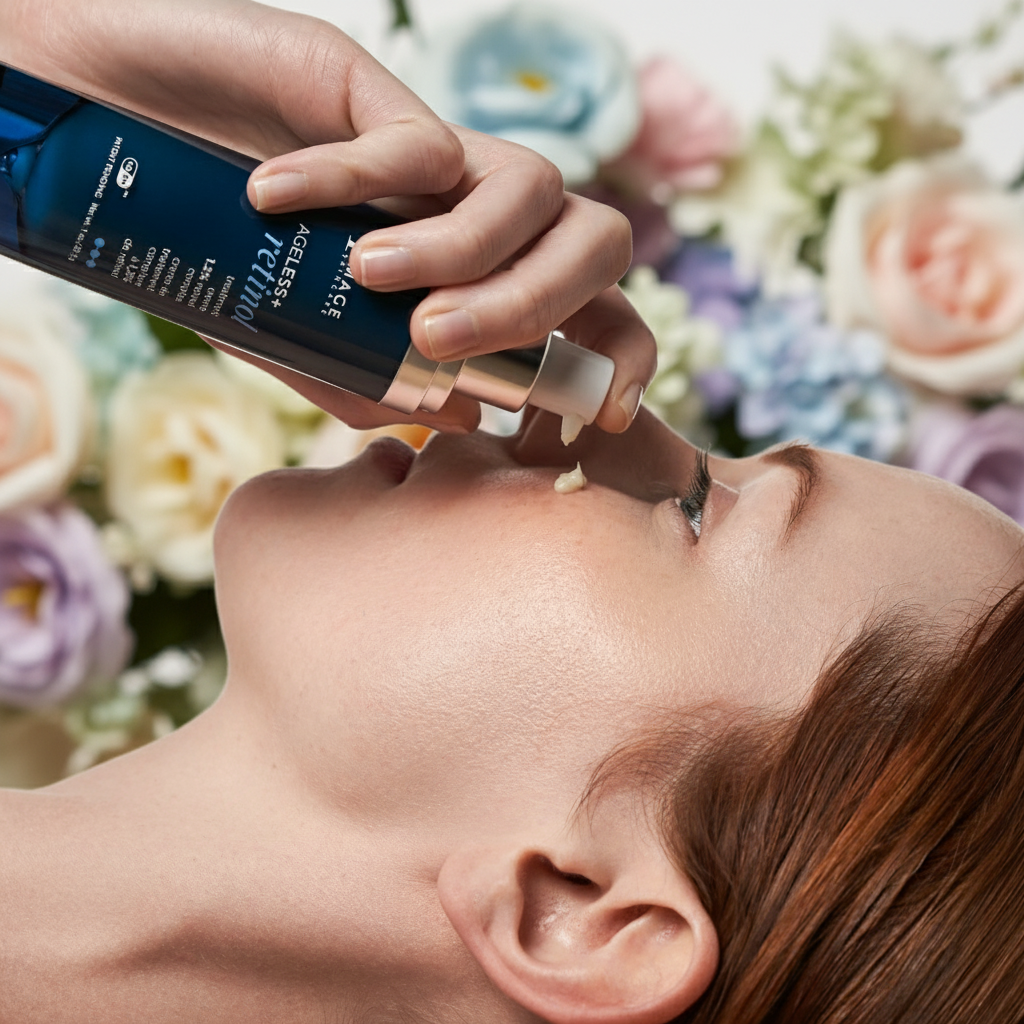 Person applying a skincare product to their face with a close-up of the bottle.