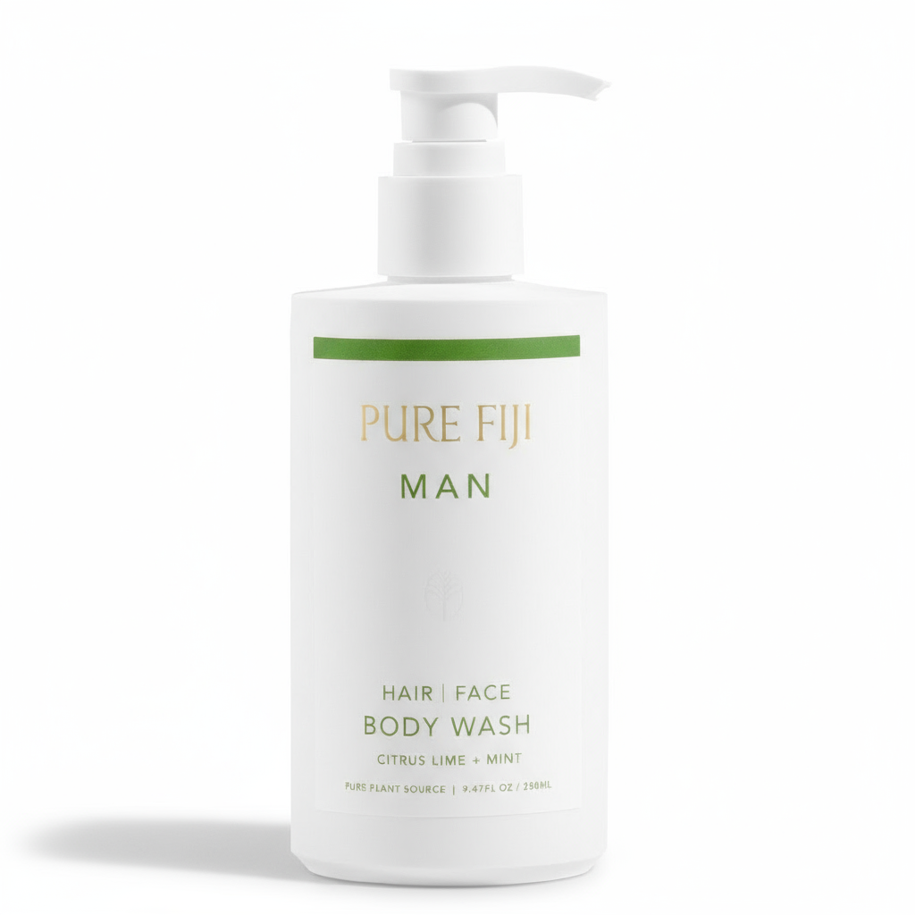 White bottle of Pure Fiji Man hair, face, body wash with pump on a white background