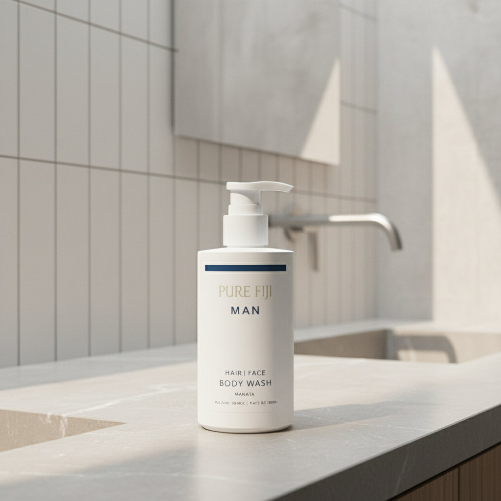 Pure Fiji Man body wash bottle on a white background
