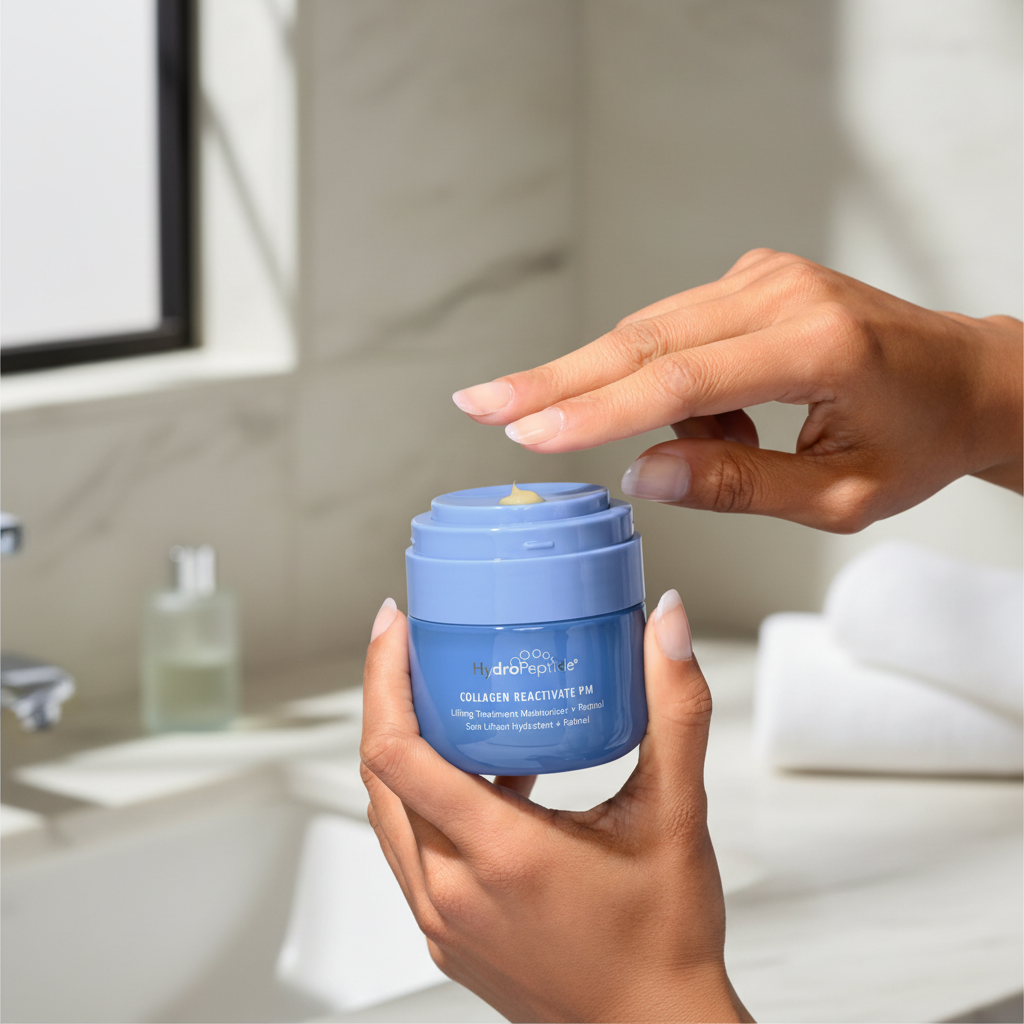 Hand holding a blue jar of HydroPeptide skincare product on a white background
