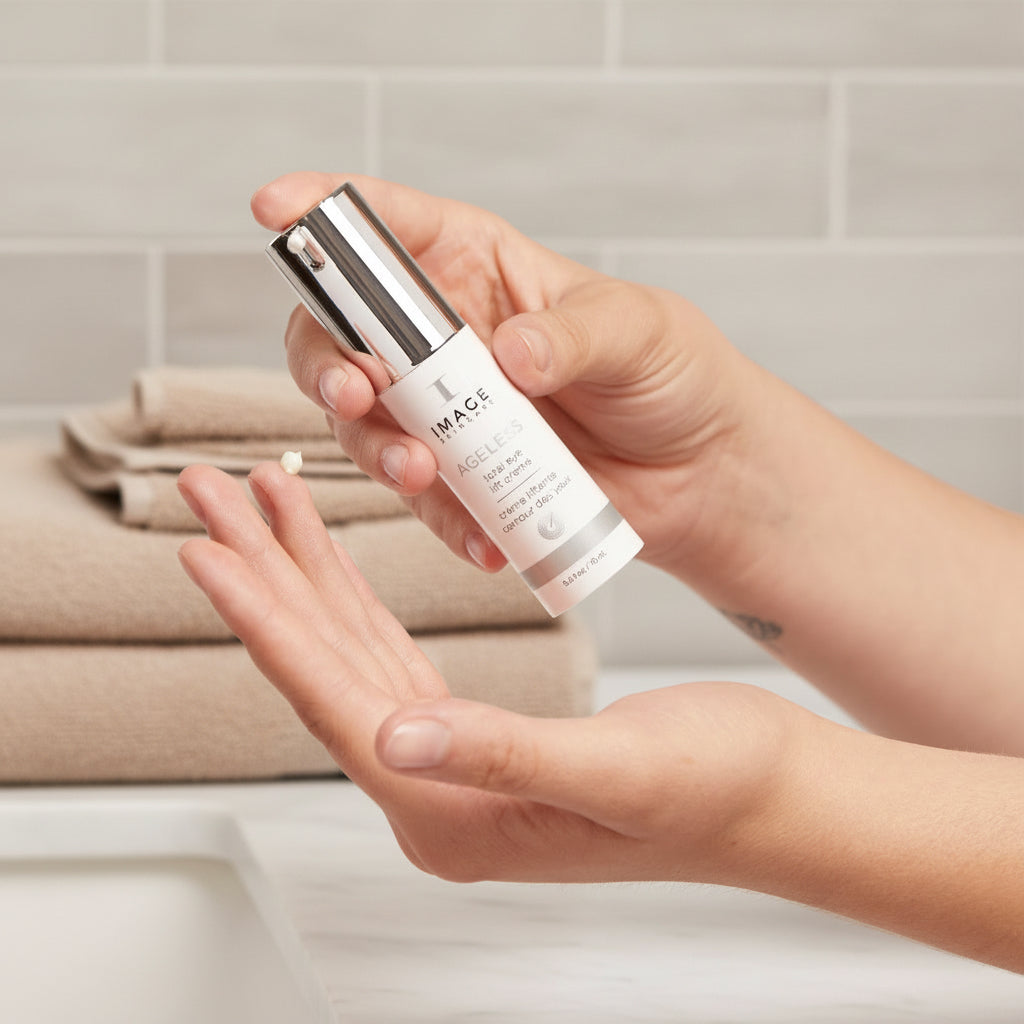 Hand holding a skincare serum bottle labeled 'IMAC' against a plain background