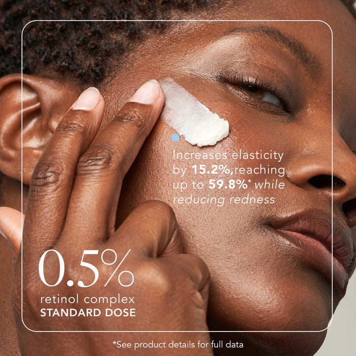 Person applying cream to their face with product details on a gray background