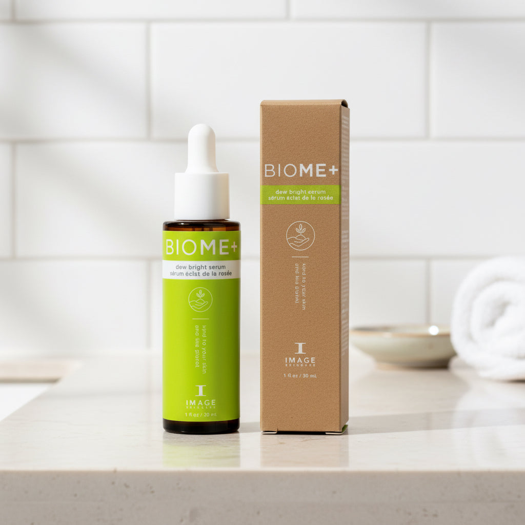 BIOME+ skincare serum bottle and packaging on a white background