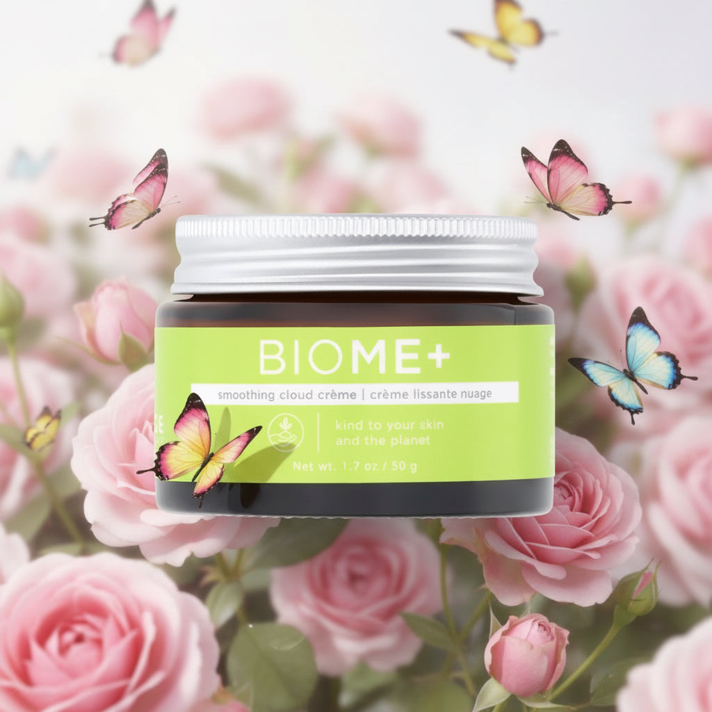 Jar of BIOME+ cream with a white lid on a white background