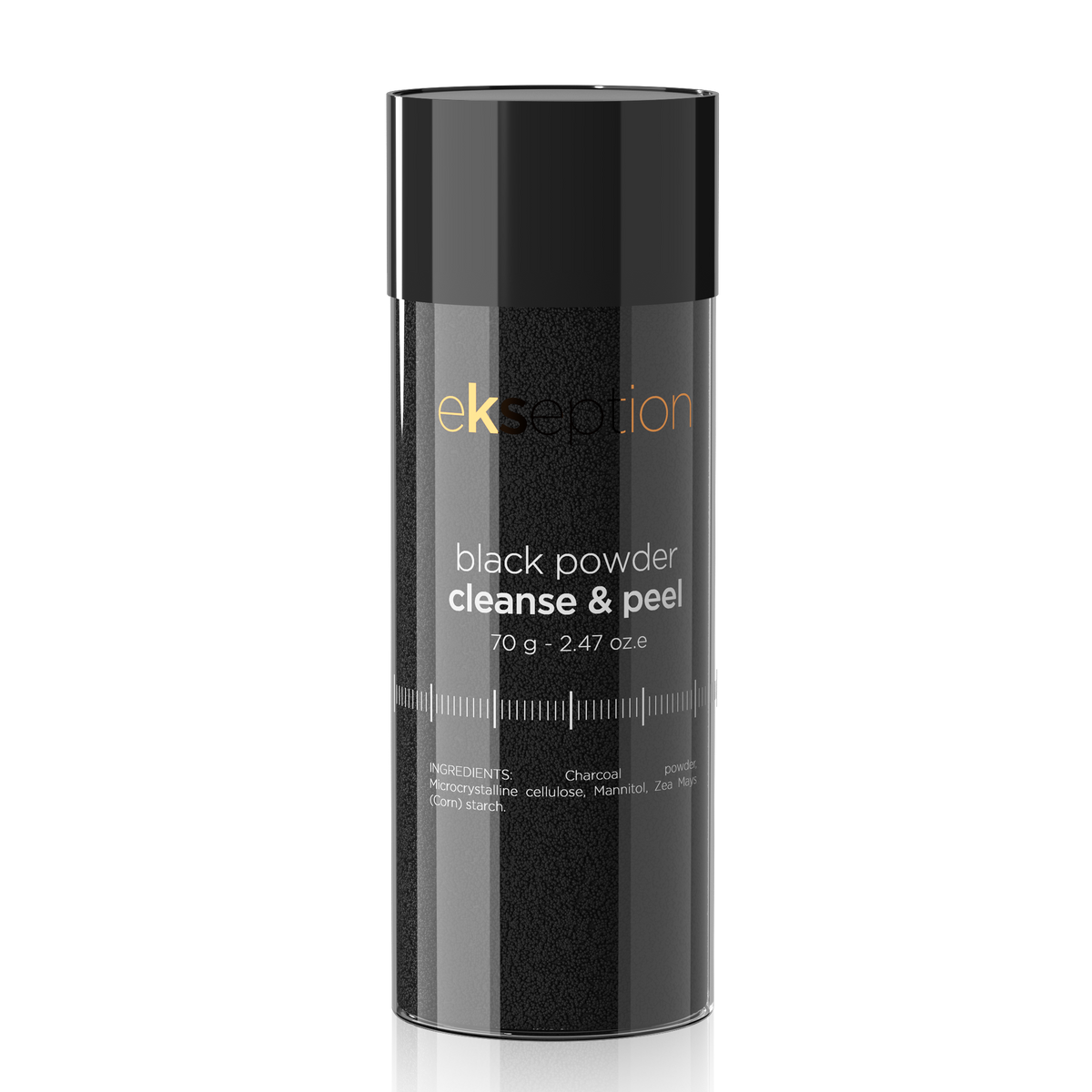 Ekseption Black Powder Cleanse & Peel in a sleek black cylindrical container with a reflective lid, set against a solid white background.