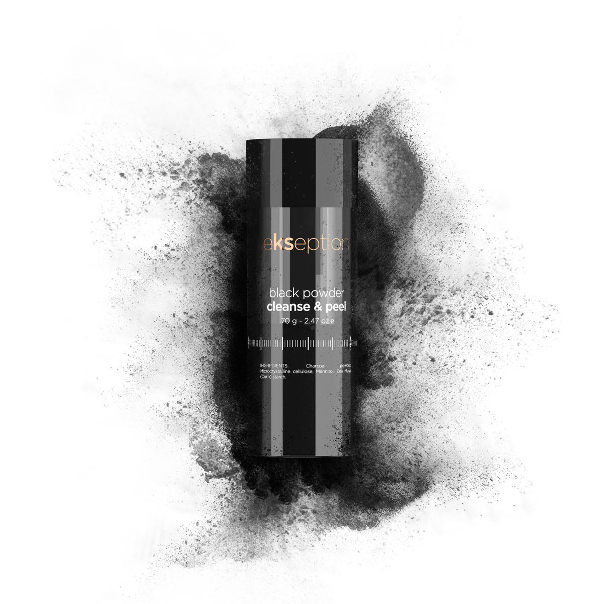 Skincare product packaging labeled 'Ekseption' on a white background with black powder around it.