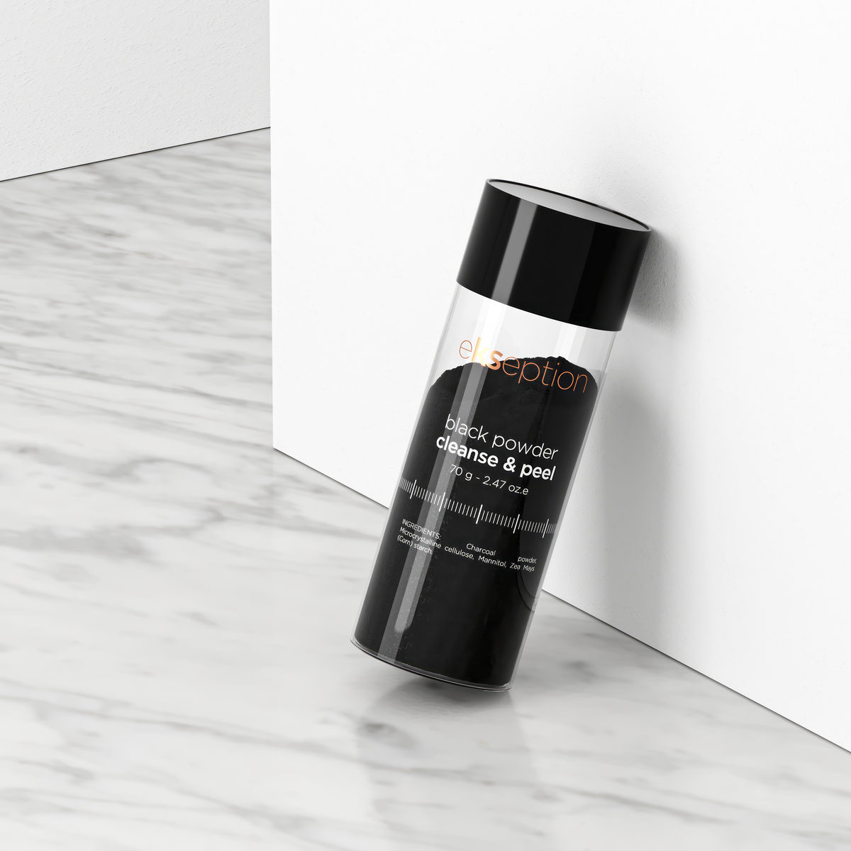 A bottle of Ekseption black powder cleanse & peel pro-skin serum leaning against a white wall on a white marble surface.