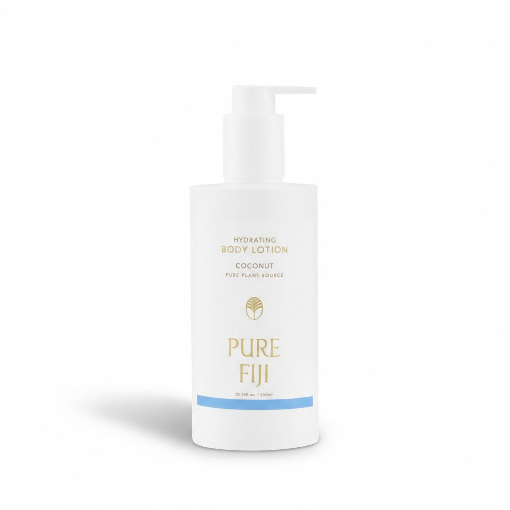A pump bottle of Pure Fiji Hydrating Body Lotion with a white label featuring the Pure Fiji logo and text indicating the product is for coconut body lotion.
