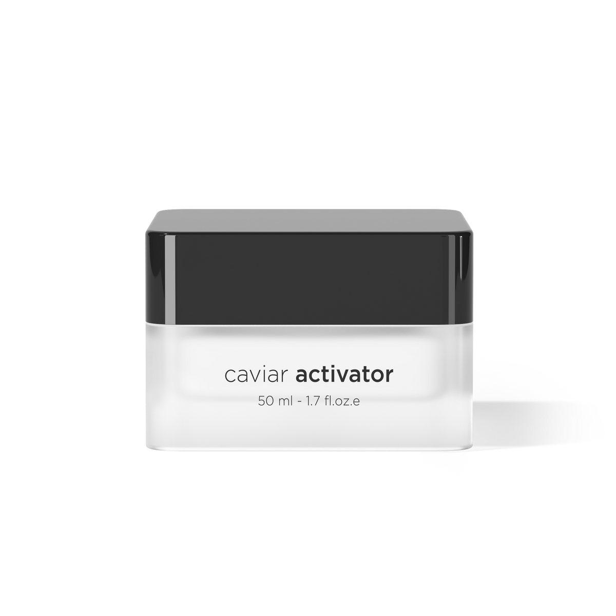 A clear cosmetic jar with a glossy black lid, labeled 'caviar activator' and '50 ml - 1.7 fl oz e', centered on a clean white background.