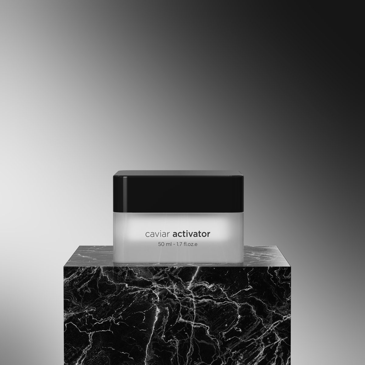 A jar labeled 'caviar activator' sits centered on a black marble pedestal against a smooth gray gradient background.