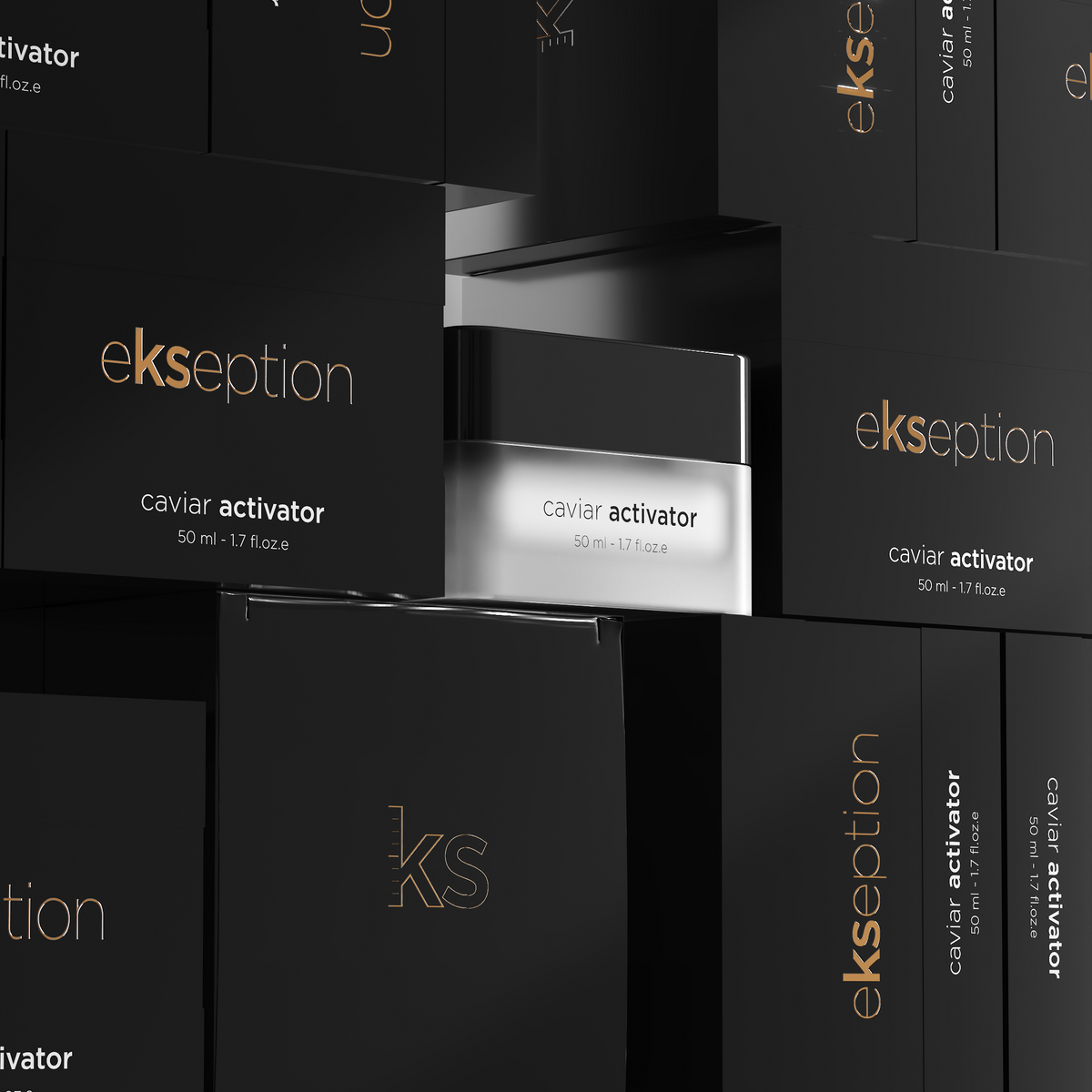 A skincare product jar labeled 'ekseption caviar activator' displayed in front of stacked black product boxes with gold and white branding.