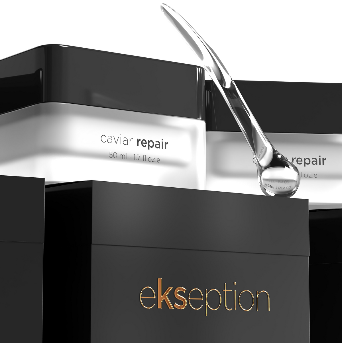 Ekseption Caviar Repair skincare packaging, featuring a black box with gold lettering and a clear dropper bottle resting on top, set against a clean white background.