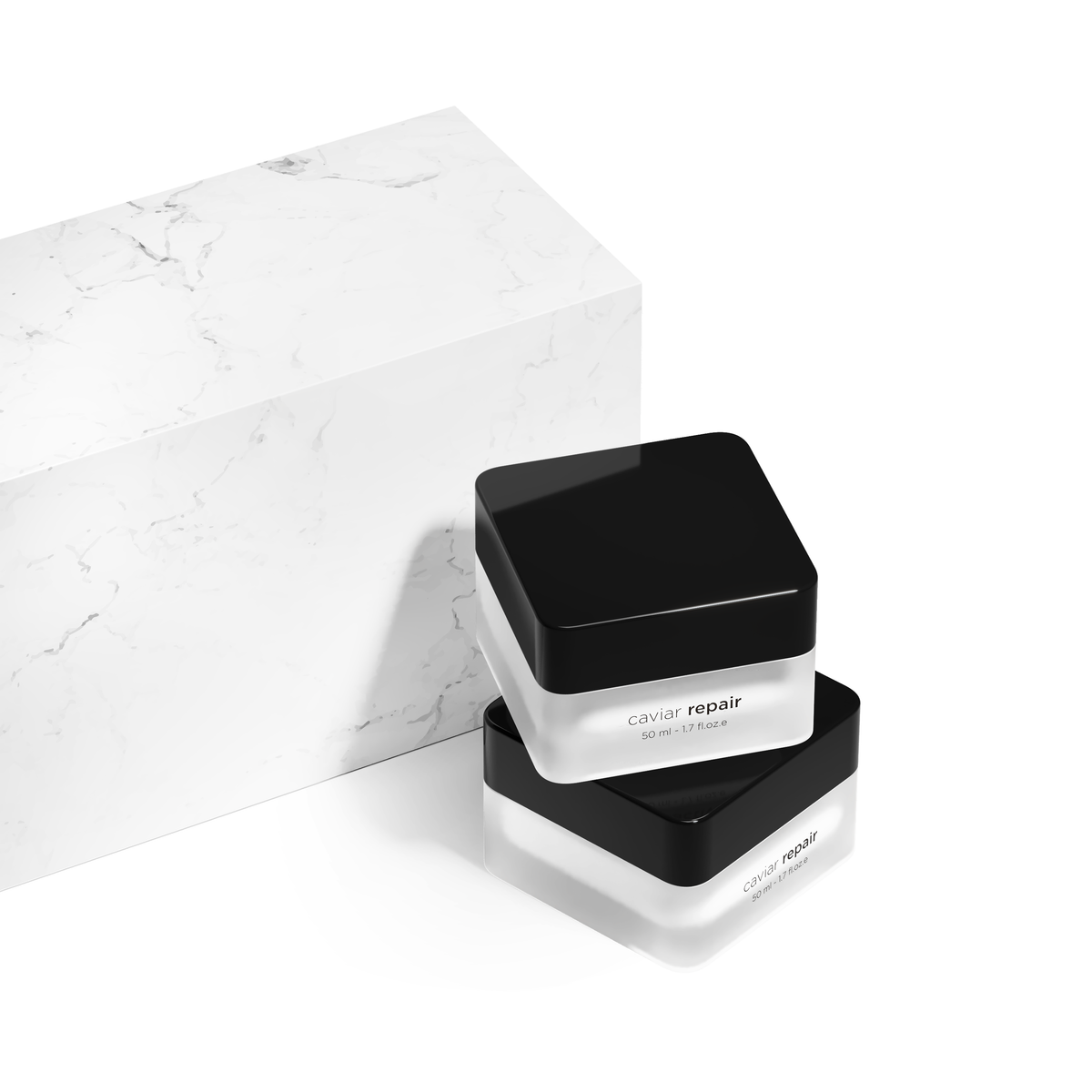 Two stacked cosmetic jars with black lids and frosted white bodies, labeled 'cellular repair', placed beside a white marble-textured box on a clean white background.