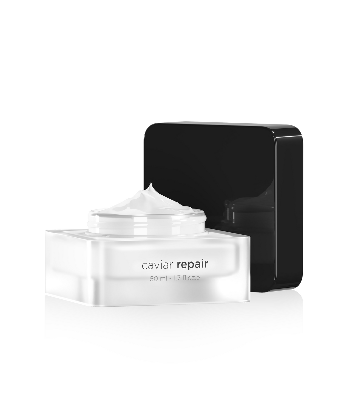 A clear cosmetic jar containing white cream with a black lid, labeled 'caviar repair 50 ml - 1.7 fl oz', on a clean white background.
