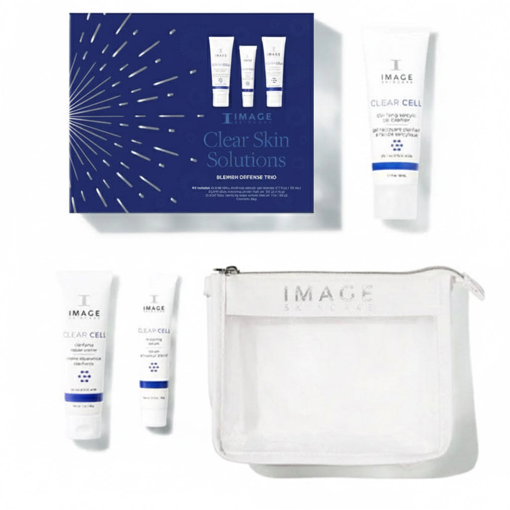A collection of skincare products from IMAGE skincare, including a 3-step clarifying regimen designed for clear skin, presented with a Foaming Cleanser, Restoring Serum, and Clarifying Repair Crème, accompanied by a clear cosmetic bag and packaging with a blue and white design.