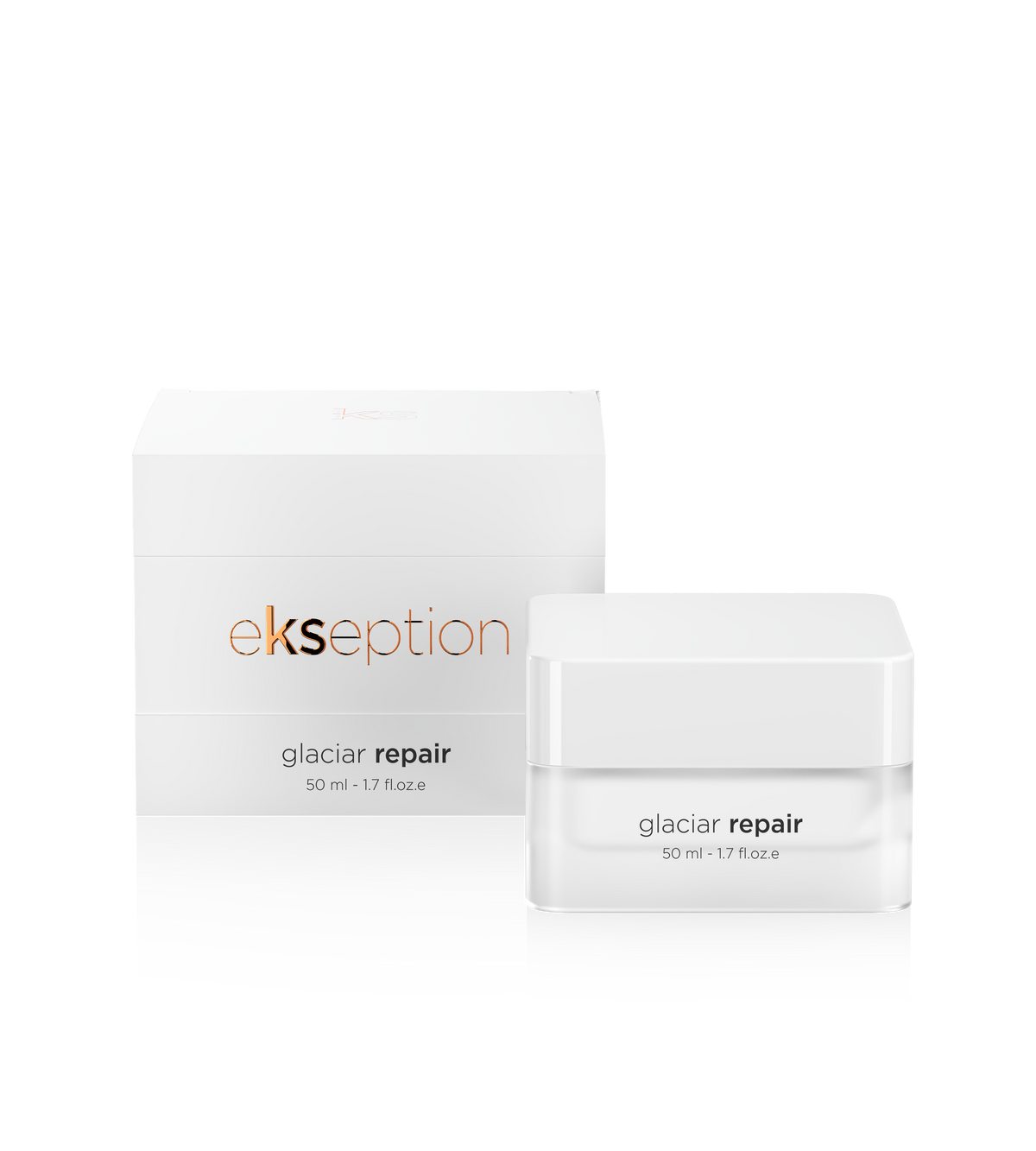 Ekseption Glaciar Repair skincare set featuring a white jar with a white lid and its matching white outer box, displayed on a clean white background.