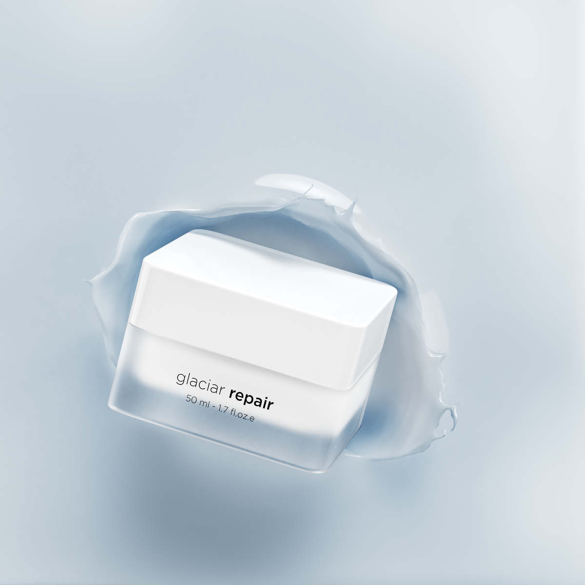 A white cosmetic jar labeled 'glaciar repair' floating in front of a translucent icy splash on a soft light blue background.