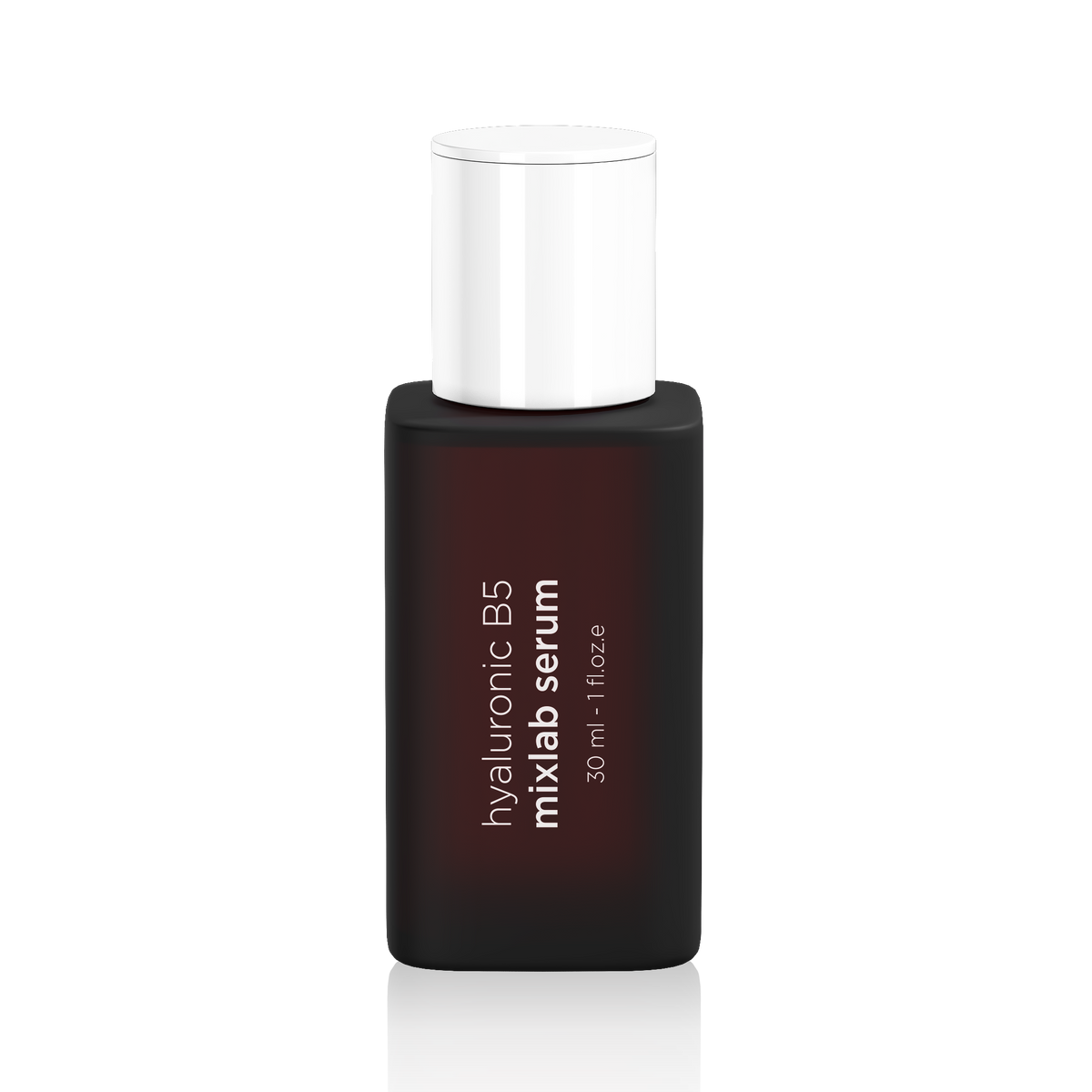 A bottle of hyaluonic B5 mixlab serum by Ekseption, featuring a dark brown frosted glass bottle with a white cap, centered on a white background with a soft reflection.