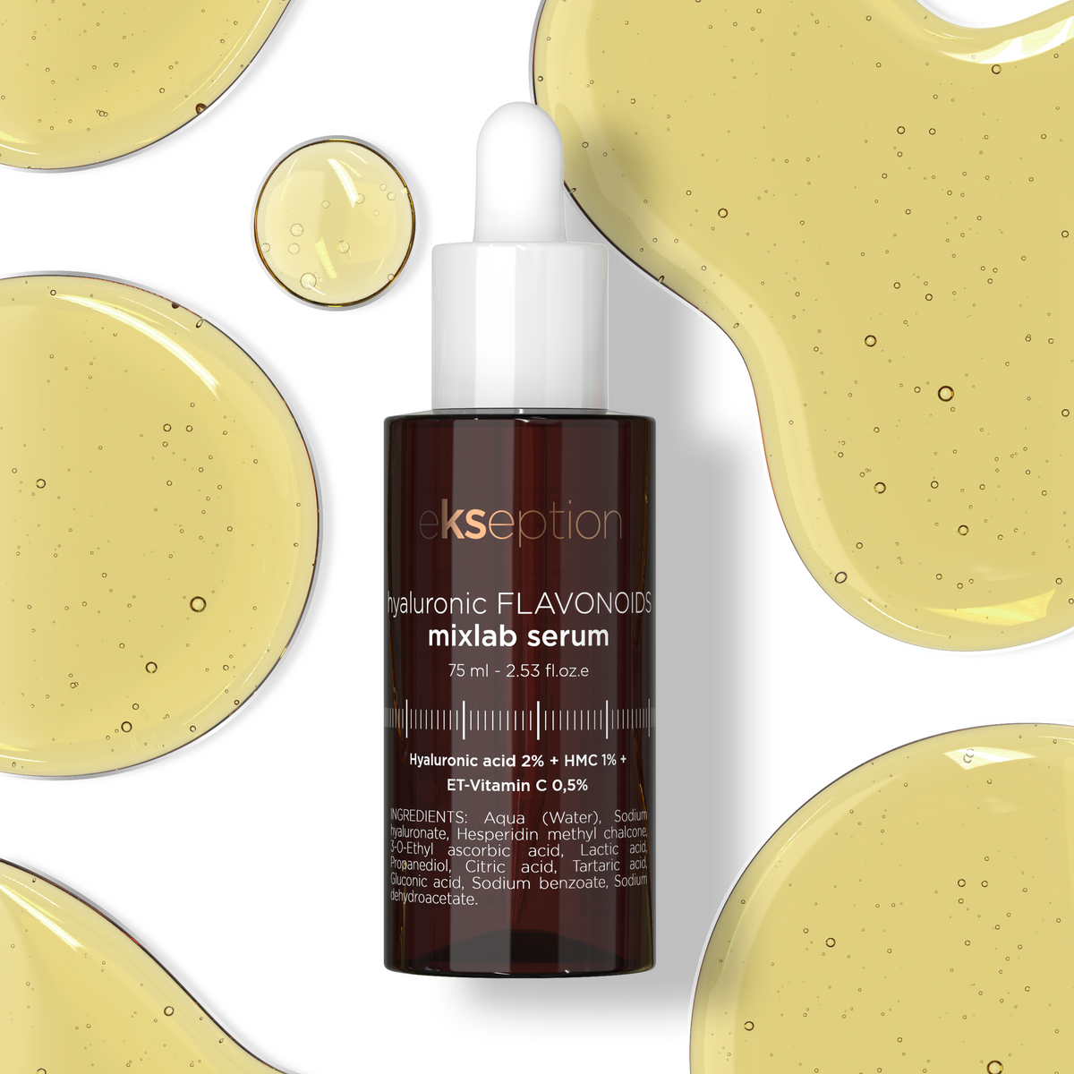 ekseption Hyaluronic FLAVONOIDS mixlab serum in a dark amber bottle with a white dropper cap, centered on a white background with decorative yellow serum droplets.