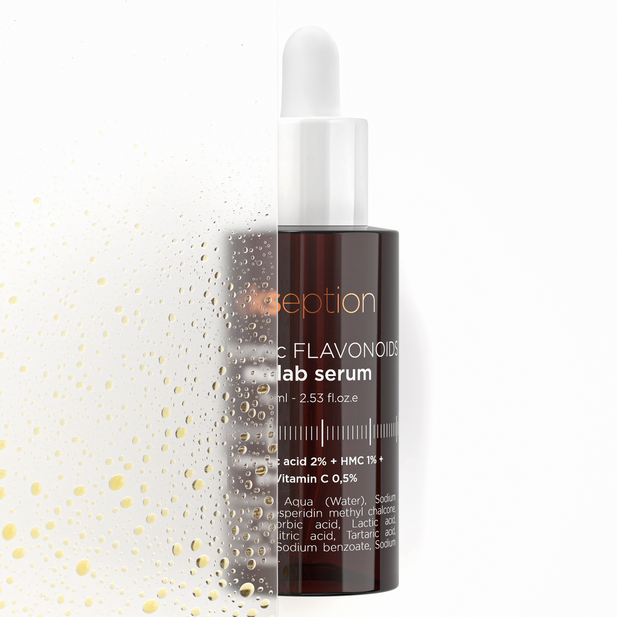 A bottle of Reption Labs serum with a white dropper cap and dark amber-brown label, shown on a white background with gold droplet splatter graphics on the left side.