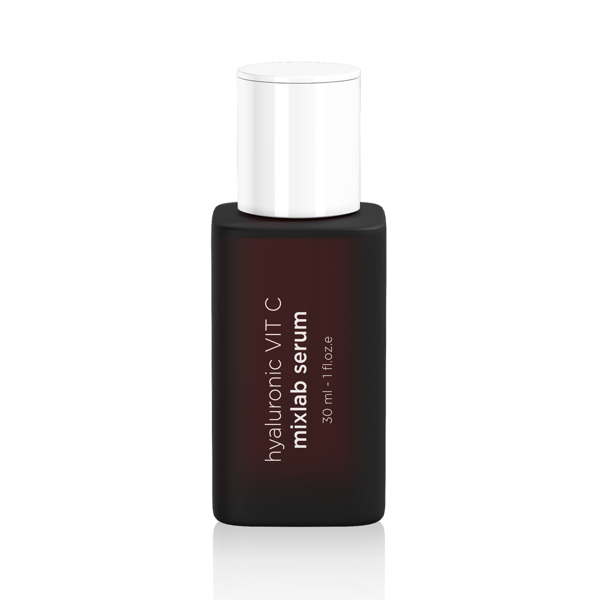 A bottle of hyaluronic VIT C mixlab serum with a dark brown frosted glass body and a white cylindrical cap, shown on a clean white background with a soft reflection.