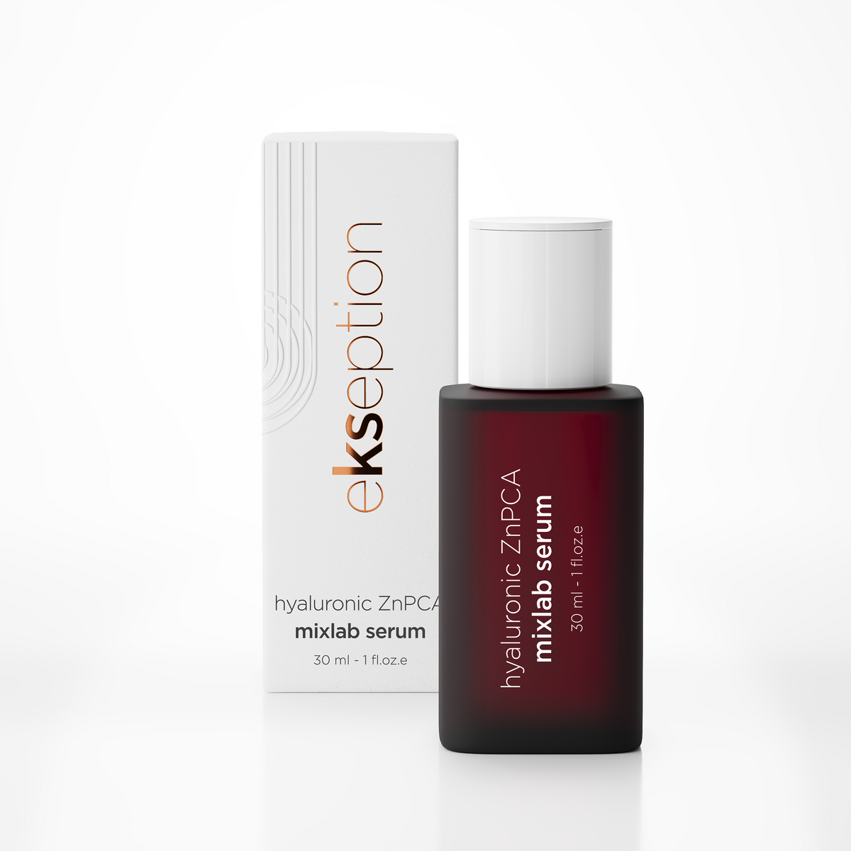 A bottle of mixlab serum next to its white packaging box, featuring the brand name 'ekseption' in a metallic copper color. The serum bottle is dark amber glass with a white cap, and the box is white with subtle gray wave patterns.