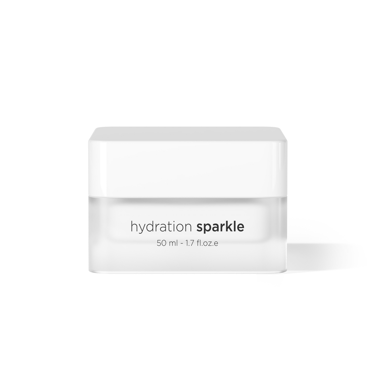 A white cosmetic jar labeled 'hydration sparkle' with '50 ml - 1.7 fl oz e' printed below, centered on a clean white background.