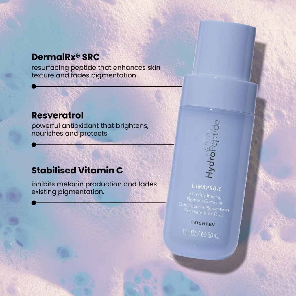 Hydropeptide LumaPro-C bottle with text detailing ingredients on a textured background