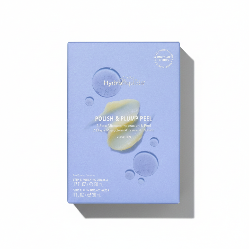 Blue packaging of a Polish & Plump peel with text and a droplet illustration on a white background