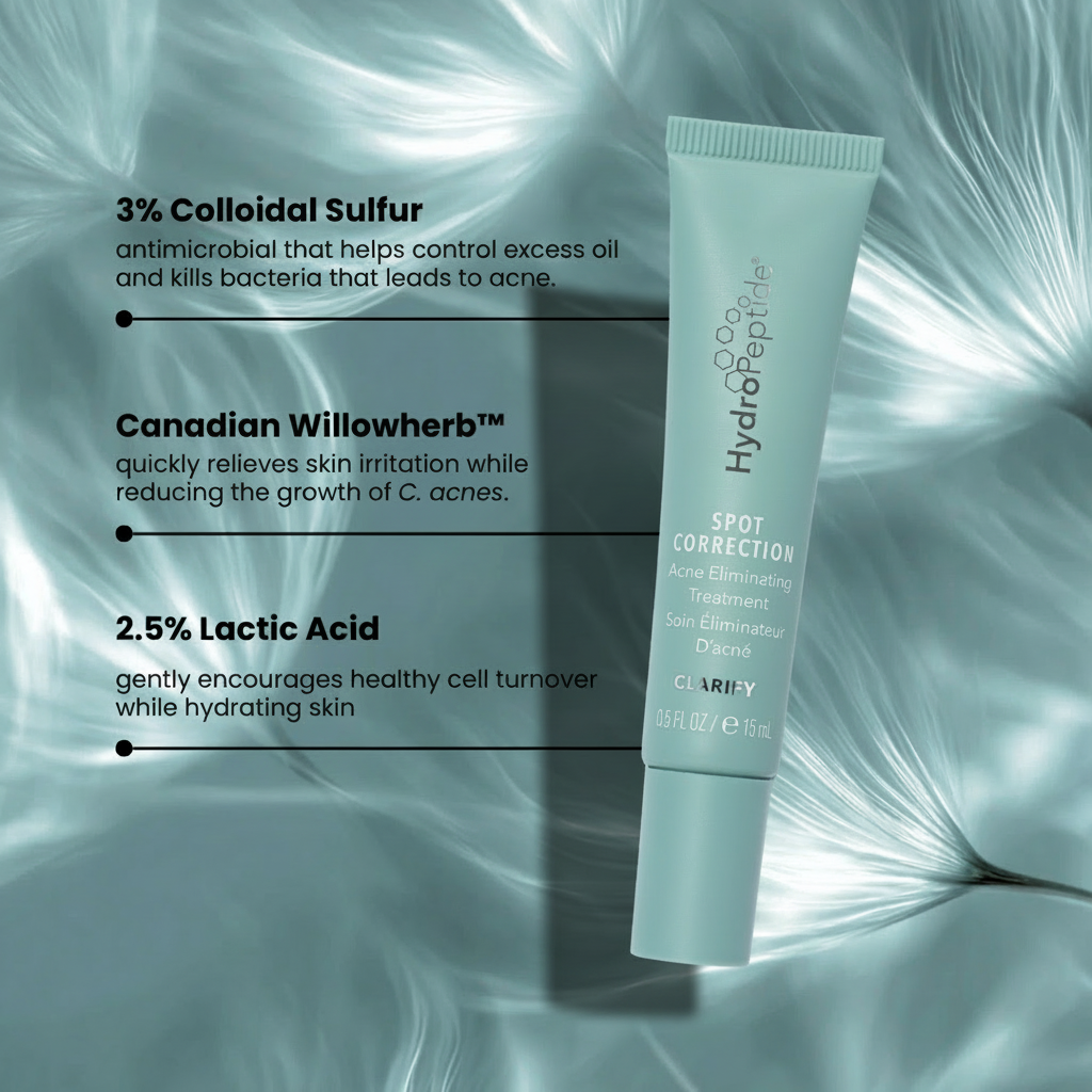 Hydropeptide spot correction skincare product with ingredients listed on a textured green background