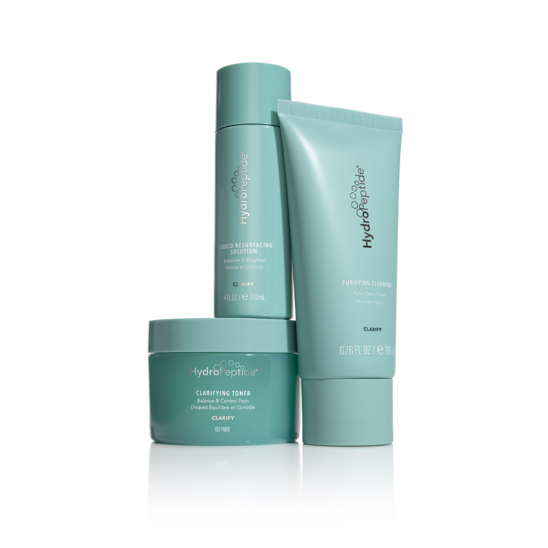 Three skincare products from the brand 'hydropeptide' on a white background