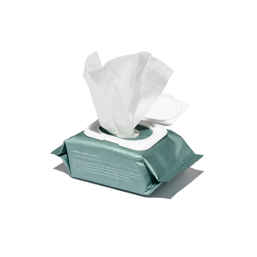 Pack of HydroPeptide Hydroactive Cleanse wipes on a white background