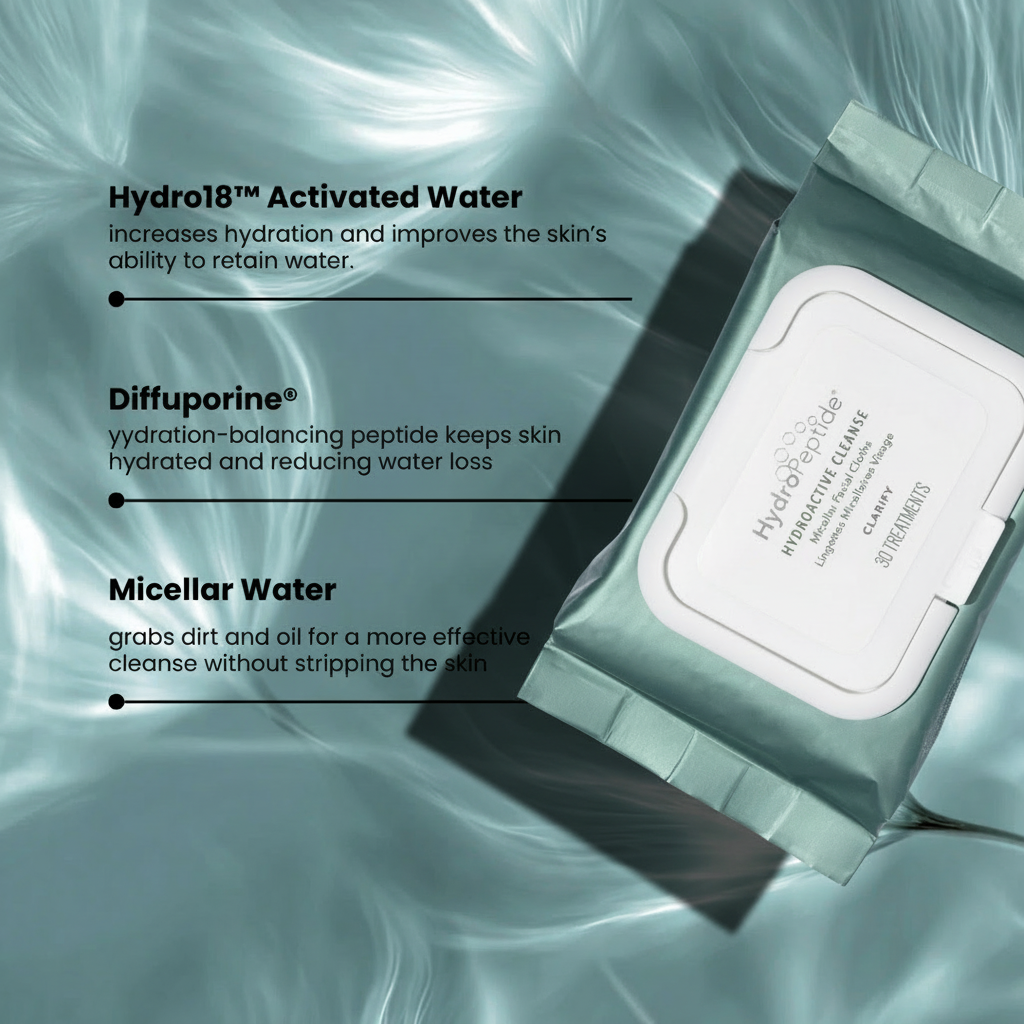 Pack of Hydropeptide Hydroactive Cleanse wipes with text on hydration benefits on a water droplet background