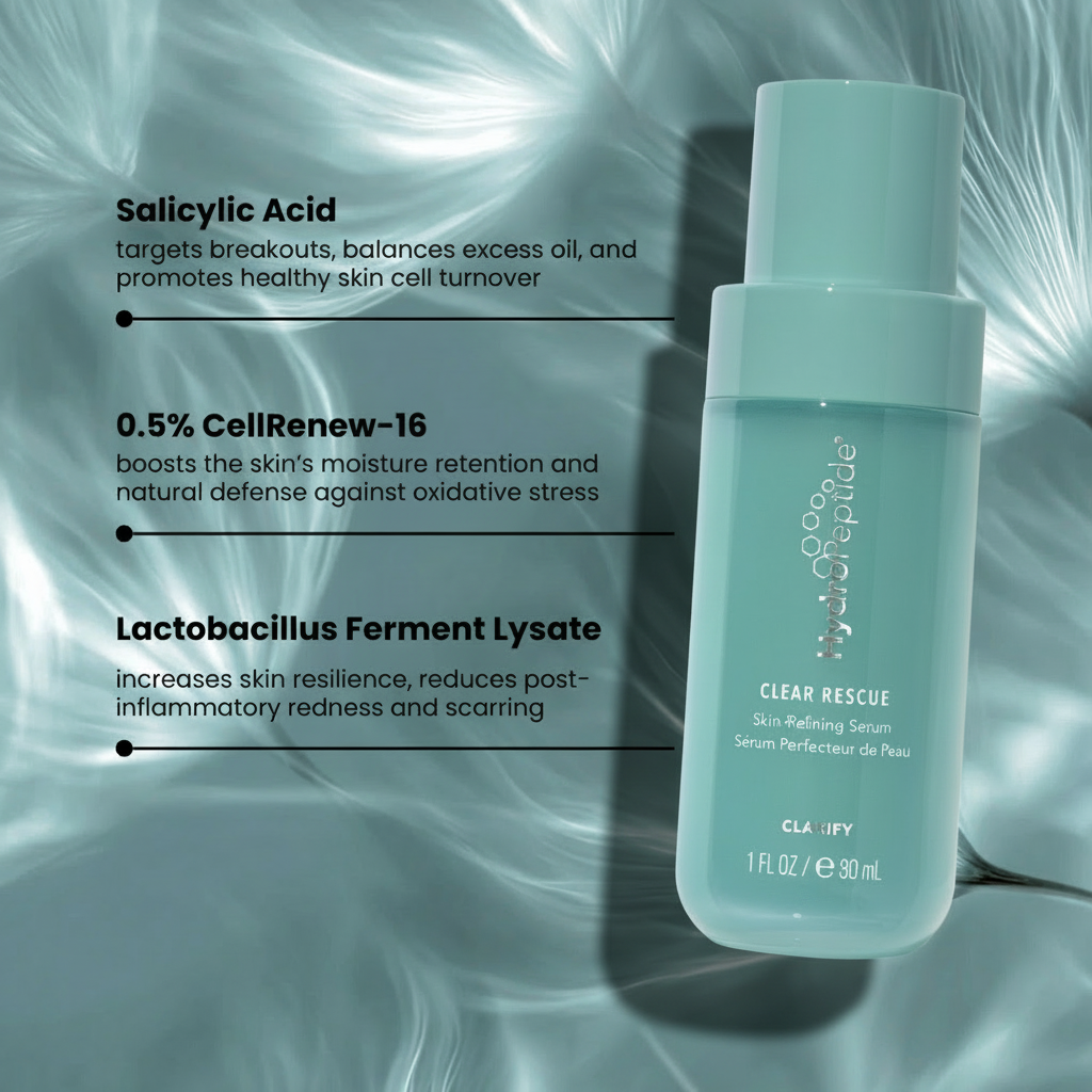 Clear Resue serum bottle with text detailing ingredients and benefits on a textured background