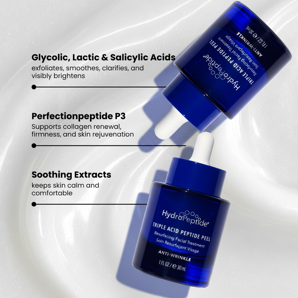 HydroPeptide skincare product with text detailing ingredients on a white background