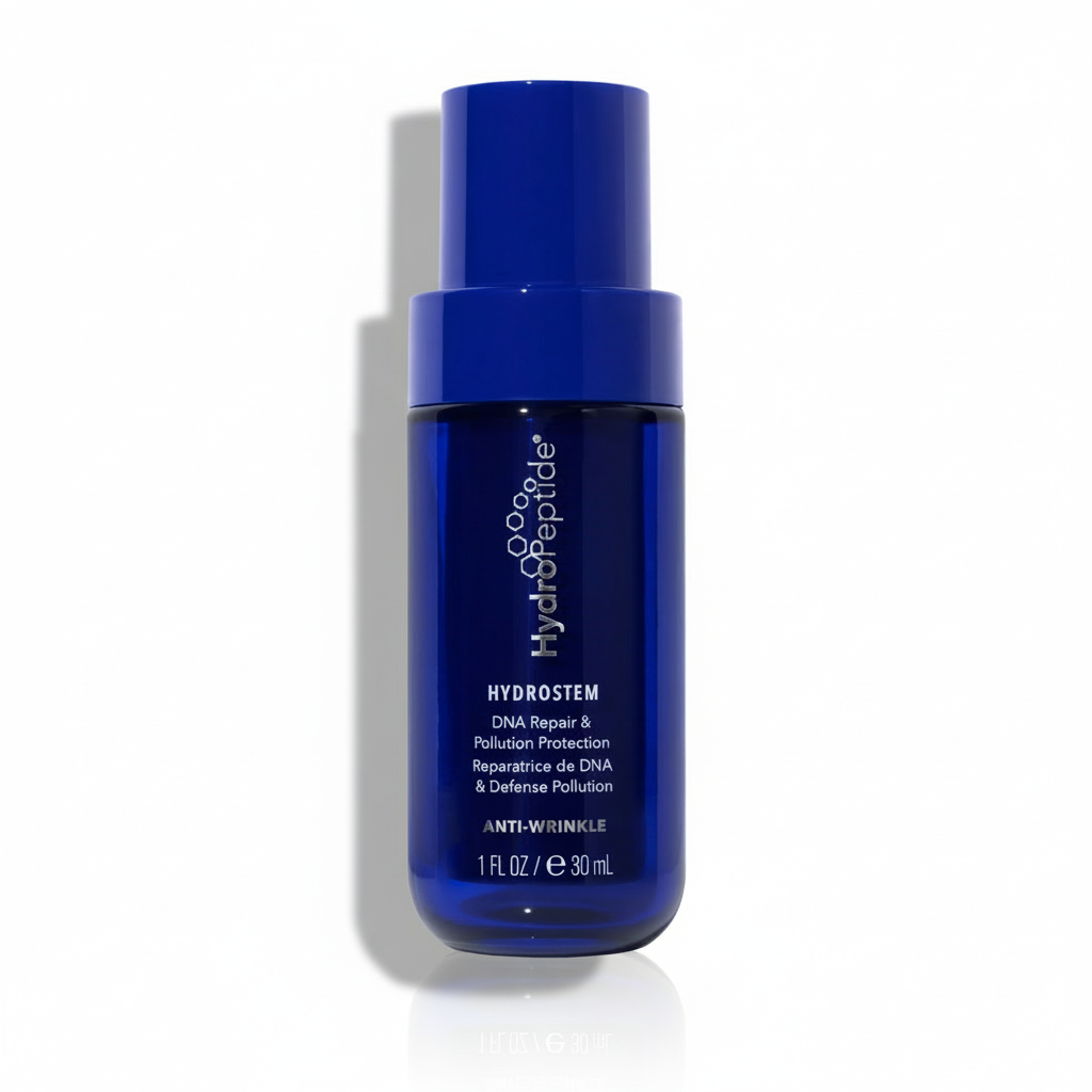 Blue skincare bottle with text on a white background