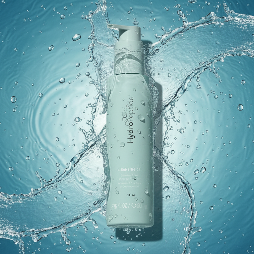 Skincare bottle labeled 'HydroPeptide' on a water background