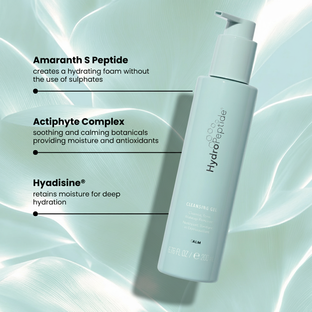 Skincare product with text detailing ingredients on a light green background