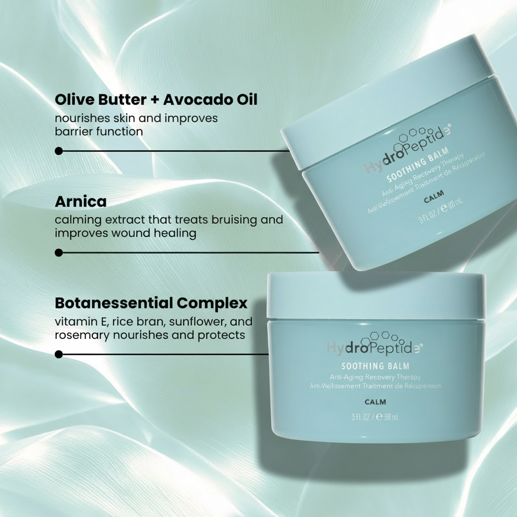 Two jars of HydroPeptide Soothing Balm with text about olive butter, avocado oil, and Arnica benefits on a light green background.