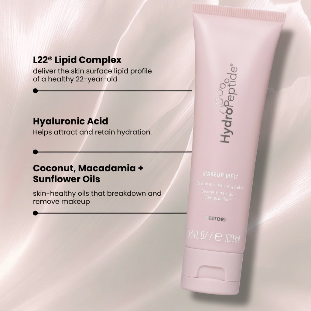 Pink tube of HydroPeptide makeup remover with text detailing ingredients on a light pink background