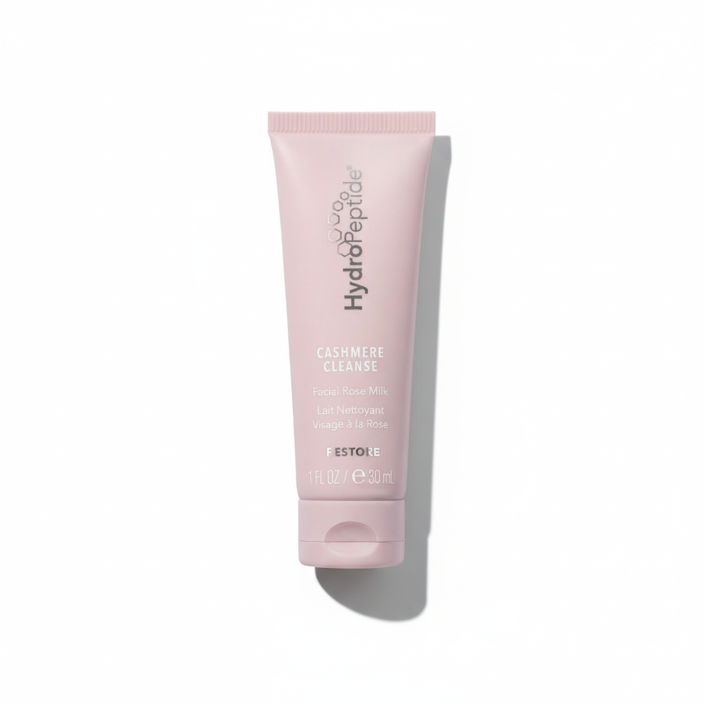 Pink tube of 'Hydropeptide Cashmere Cleanse' on a white background