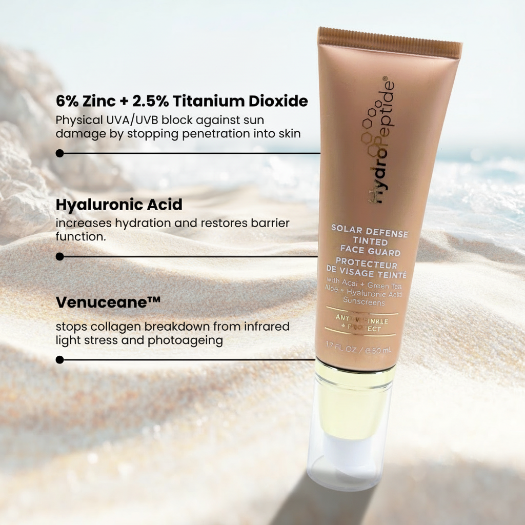 Tube of hydroPeptide solar defense face guard with text detailing ingredients and benefits on a beach background
