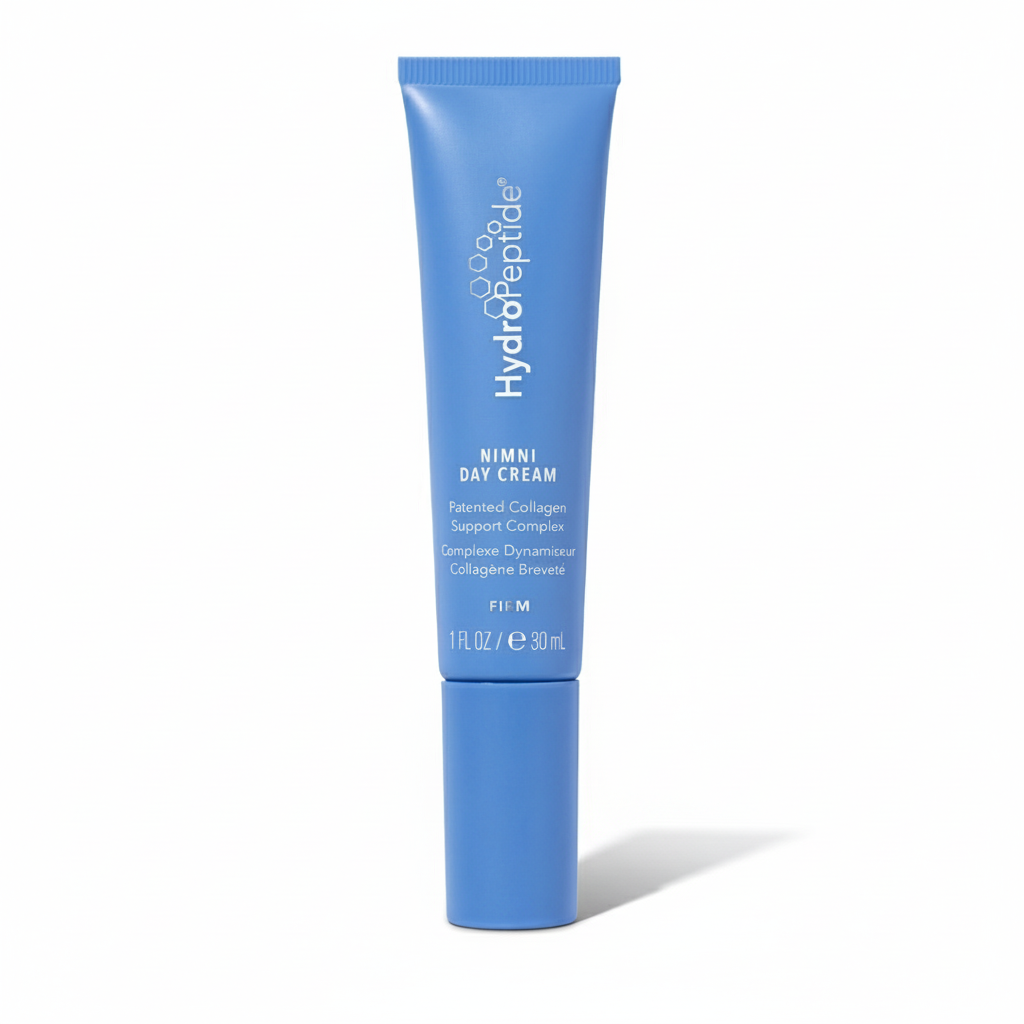 Blue tube of HydroPeptide NIMNI Day Cream on a white background