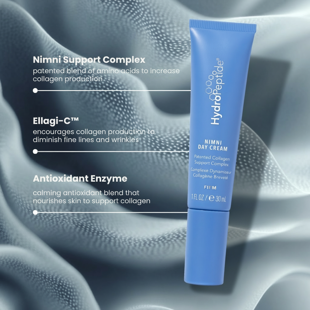 Blue HydroPeptide NIMNI tube on a textured gray background with product features listed.
