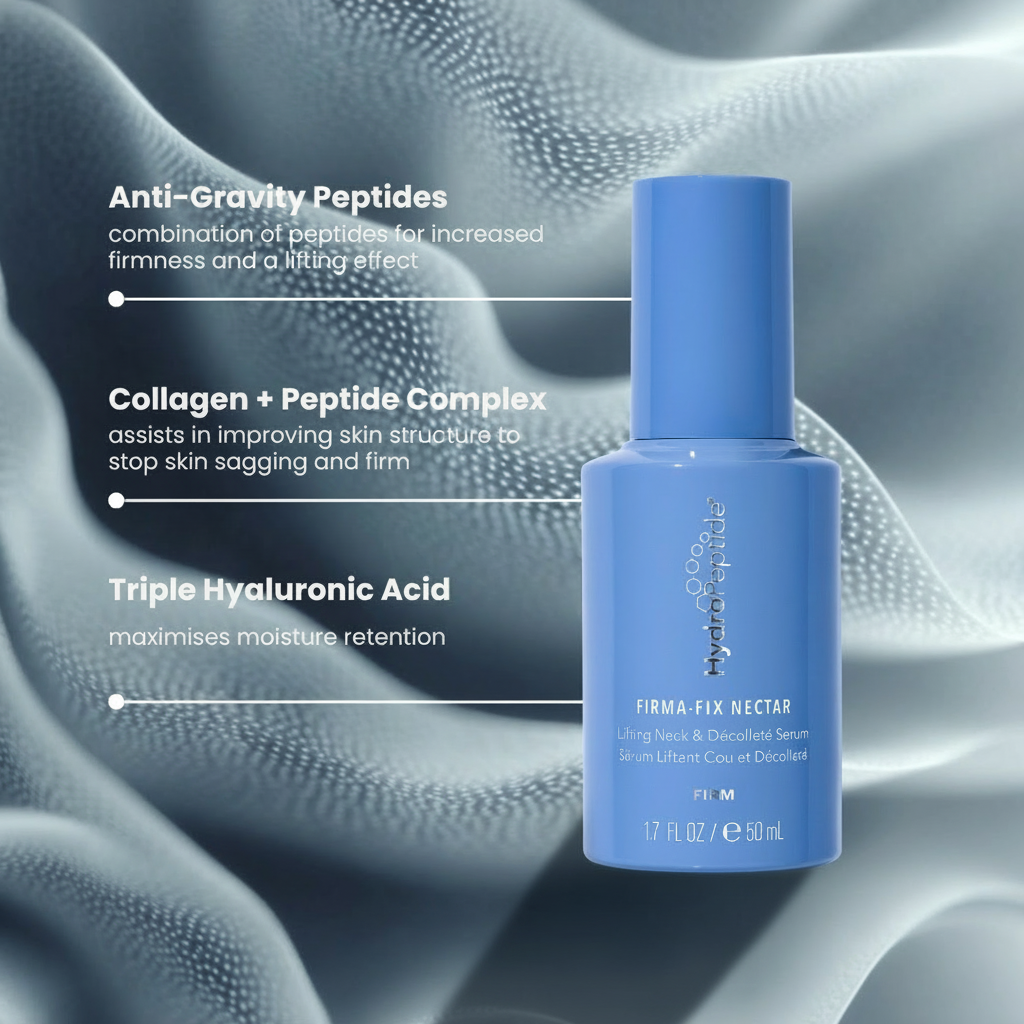 Blue Firma-Fix Nectar serum bottle with text about ingredients on a textured gray background