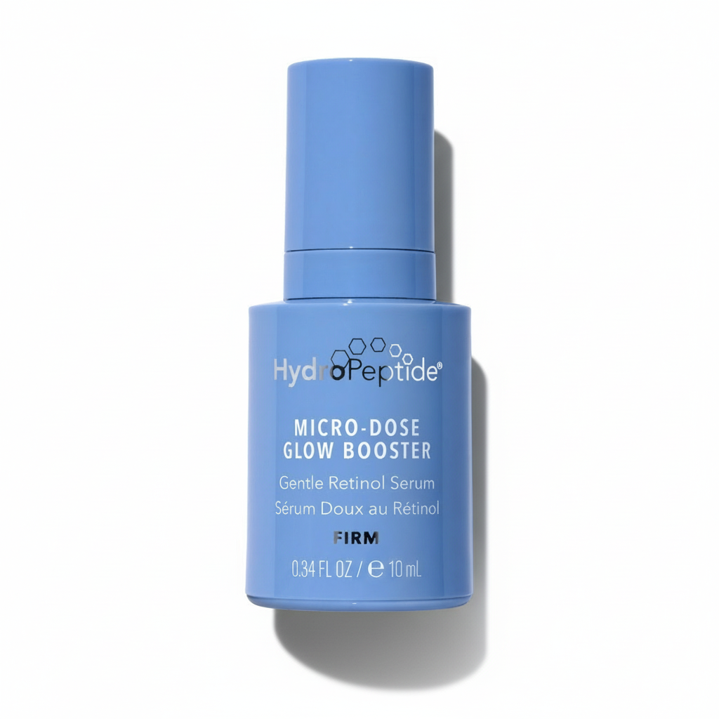 Blue skincare serum bottle labeled 'Hydopeptide Micro-Dose Glow Booster' on a white background